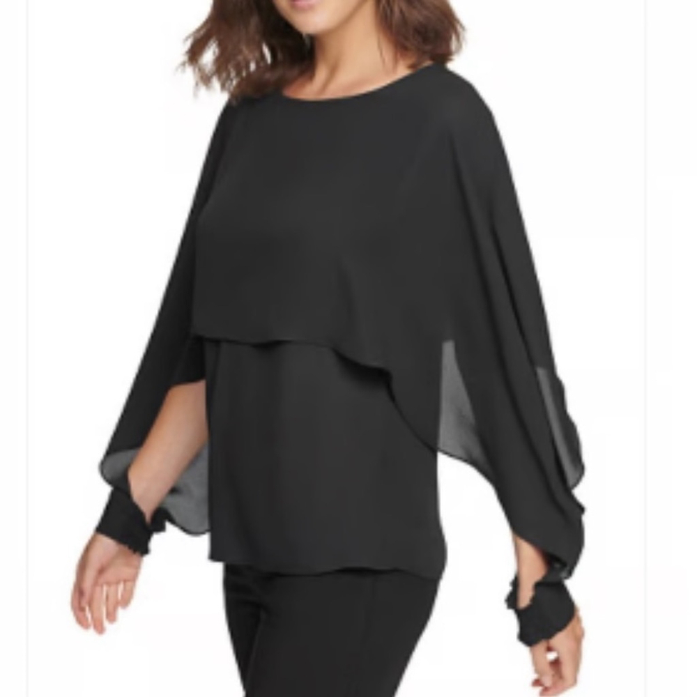 Zara Sz S Black Chiffon Tiered Batwing Whimsigoth Witchy Fairycore Office Blouse